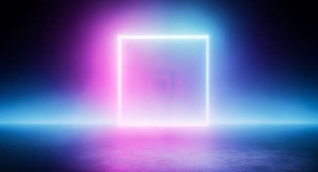 Abstract 3D cube shape purple blue glowing lines isolated on colorful purple blue neon spaceの写真素材