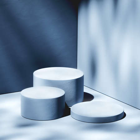 Three round pedestals with various heights. 3d computer graphic template of displaying place for your products. Blank template.の写真素材