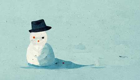 Snowman stand melt with black hat isolated on blue grungy wall background. Snow man xmas creative greetings postcard design with copy space background. One senior snowman greetingsの写真素材