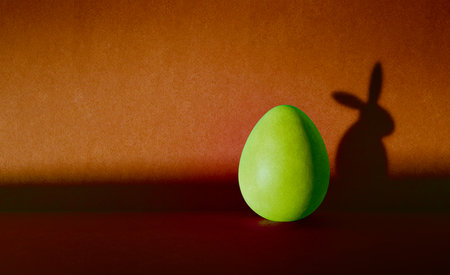 Neon green egg, placed in front of orange wall with funny shadow as rabbit. Sunlit concept art for design templates.の写真素材