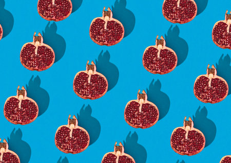 Top down view of halved fig fruit arranged in rows. Shaded computer graphics over blue. Food background.の写真素材