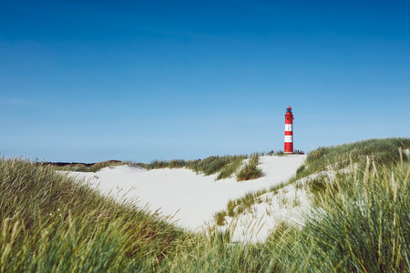 Red and white striped tall building of lighthouse against blue clear sky. Sand ground with green grass in foreground. Summer vacation, holiday at sea concept.の写真素材