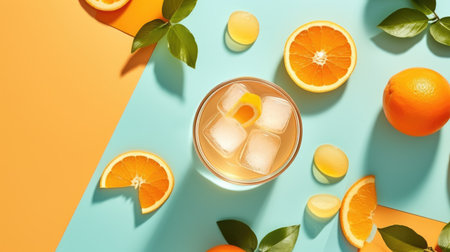 Overhead showcasing a glass filled with refreshing orange juice and ice, blue and orange backdrop. Vibrant oranges, slices of orange wheels and lush leaves from the orange plant besides the glass.の素材