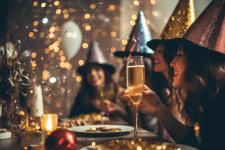 Medium shot of a young woman enjoying the company of friends at a New Year's Eve dinner. Relatives laughing during a party with hats at home.の素材