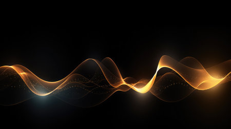 Golden waves shine brightly against a dramatic black background, creating a captivating and luminous visual contrast.の素材