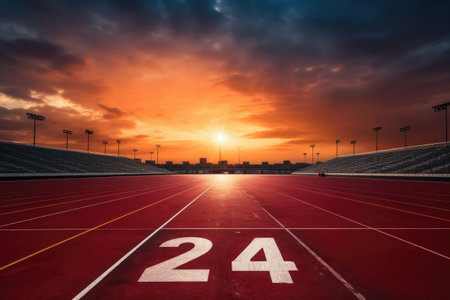 At dusk under the overcast sky, an unoccupied stadium reveals its vast track, providing a serene backdrop for athletics, devoid of any onlookers.の素材
