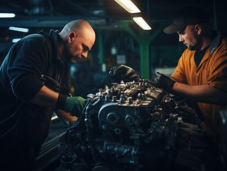 Two workers in a machine shop repair an engine. Medium shot of two mechanics working with protective equipment on a machine.の素材