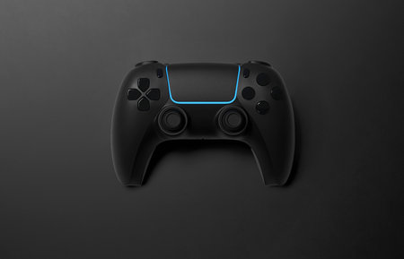 3D Black Game Controller Placed on Gray Background With Modern Design and Comfortable Buttons...