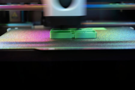 A Green Object Is Being Printed by a 3D Printer in a Well-Equipped Workshop. The Printer's Nozzle Moves Precisely, Extruding Material Layer by Layer, Showcasing the Technology in Action.の写真素材