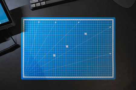 A Blue Cutting Mat With Grid Lines Is Laid Out on a Workspace. Nearby, a Computer Monitor and a...