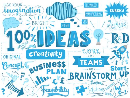 IDEAS blue vector hand lettering sketch notes in landscape format