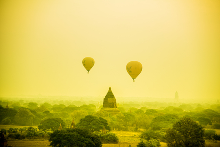 Ballon over a pagoda field in an old bagan, Myanmarの写真素材