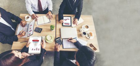 Teamwork Concept. Collaboration Team Meeting Communication with Business Teamwork Working Together in Conference Room. Top view of Diversity Partner Business Meeting Trust in Businessman and Team.の写真素材