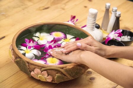 Spa hand massage therapy relax treatment in spa salon. Happiness beauty skin organic massage wellness body part skincare regenerative organic oil and scrub. Spa salon therapistの写真素材