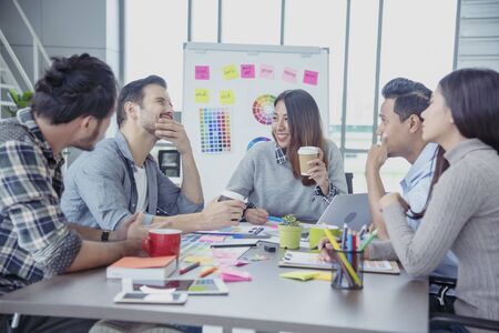 Teamwork Concept. Collaboration Team Meeting Communication with Business Teamwork Working Together in Conference Room. Top view of Diversity Partner Business Meeting Trust in Businessman and Team.の写真素材