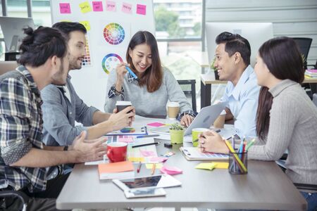 Teamwork Concept. Collaboration Team Meeting Communication with Business Teamwork Working Together in Conference Room. Top view of Diversity Partner Business Meeting Trust in Businessman and Team.の写真素材