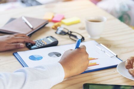 Excel stat spreadsheet business analytics graph statistic with graph and table data number in charts database. Accountant hands pointing excel stat financial spreadsheet document business graph chartsの写真素材