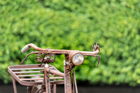 Vintage antique bicycle in the green park. Rust retro vintage bicycle style for aged and old decoration.の写真素材
