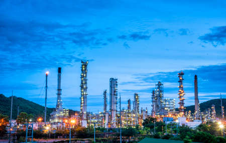 Oil refinery gas petrol plant industry with crude tank, gasoline supply and chemical factory. Petroleum barrel fuel heavy industry oil refinery manufacturing factory plant. Refinery industry conceptの写真素材