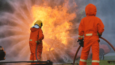 Firefighter fighting with flame using fire hose chemical water foam spray engine. Fireman wear hard hat, body safe suit uniform for protection. Rescue training in fire fighting extinguisherの写真素材