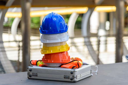 Construction hard hat safety tools equipment for workers in construction site for engineering...