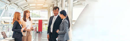 Banner Diversity Business Partner meeting trust in teamwork, partnership businessman, businesswoman talking together. Panorama Asian coworker team meeting with Business People Working Together Teamの写真素材