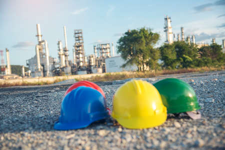 Construction hard hat safety tools equipment for workers in construction site for engineering protection head standard. Many hard hat helmet on row with copy space. Engineering Construction Conceptの写真素材