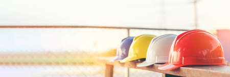 Banner Construction hard hat safety tools equipment for workers in construction site for engineering...