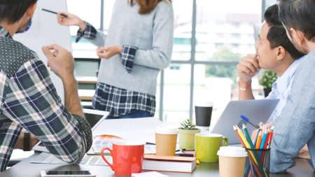 Creative design office center working teamwork. Happy business people partner plan strategy...