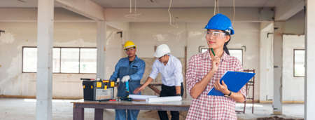 Banner Civil construction engineer team meeting on construction site with partner teamwork trust...
