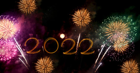 Firework celebrate anniversary happy new year 2022, 4th of july holiday festival. colorful firework in the night time to celebrate national holiday. countdown to new year 2022 party time event.の写真素材