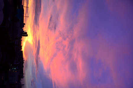 dramatic Sunset sky range beautiful landscape dusk golden time vibrant sky. Beautiful landscape vivids panorama scenery dawn dramatic sky timelapse. Sunrise landscape golden sky sunlightの写真素材