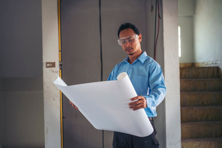 Architecture man engineer civil worker look at blueprint. Construction engineer man hold blueprint wear blue shirt safety white hard hat construction site. Industry labour worker real estate conceptの写真素材