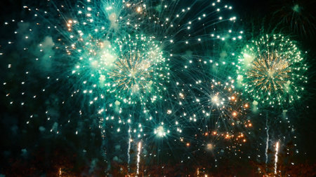 Green Firework celebrate anniversary happy new year 2023, 4th of july holiday festival. Green firework in night time celebrate national holiday. Countdown to new year 2023 festival party time eventの写真素材