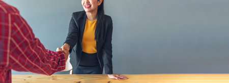 Banner Trust honesty business customer handshake together promise partner. Panorama Businessman teamwork diversity solidarity team Partner hands together. Team meeting shaking hands with copy spaceの写真素材
