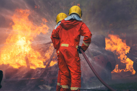 Firefighter Rescue training in fire fighting extinguisher. Firefighter fighting with flame using...