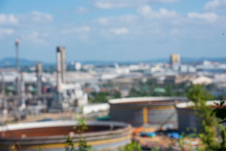 Oil refinery gas petrol plant industry with crude tank, gasoline supply and chemical factory. Petroleum barrel fuel heavy industry oil refinery manufacturing factory plant. Refinery industry conceptの写真素材