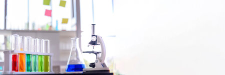 Banner Science chemistry glass tubes object on lab background. Wide Liquid tube biology laboratory...