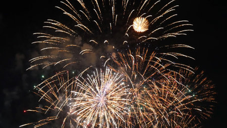 Golden Firework celebrate anniversary independence day night time celebrate national holiday. Countdown to new year 2023 party time event. Happy new year 2023, 4th of july holiday festival conceptの写真素材