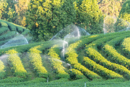 Green tea tree field Garden water hose landscape. Organic farm tender bud herbal Green tea tree in camellia sinensis watering. Close up Fresh Tree tea plantation mountain green nature in herbal farmの写真素材