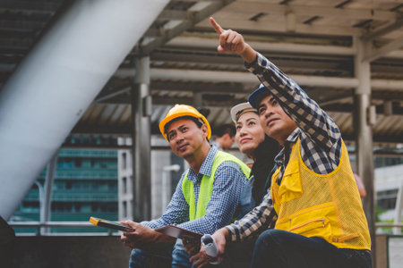 Civil engineer teams meeting working together wear worker helmets hardhat on construction site in...