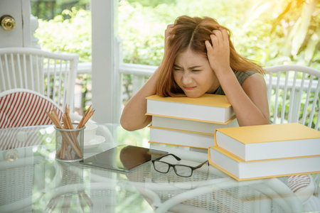 Stress asian women headache have migraine feeling temples stressfull upset depressed. Strong headache migraine exhausted young girl. Office syndrome unhealthy Tension person. Woman headache conceptの写真素材