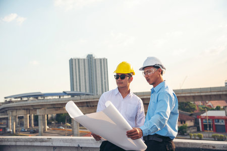 Civil Construction engineer teams shaking hands together wear work helmets worker on construction...