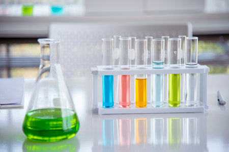 Science chemistry glass tubes objects on lab background. Liquid tube biology laboratory chemical fluid scientist object testing tubes medical glassware. Chemistry scientific pharmaceutical backgroundの写真素材