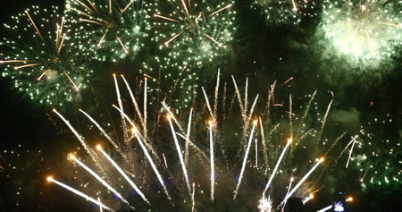 Green Firework celebrate anniversary happy new year 2024, 4th of july holiday festival. Green firework in night time celebrate national holiday. Countdown to new year 2024 festival party time eventの写真素材