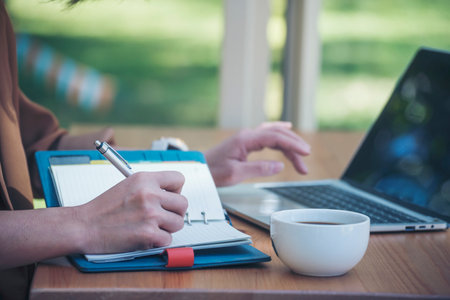 Blogger Woman hands typing laptop keyboard. Close up women hands using laptop social network person....