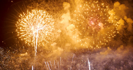 Golden Firework celebrate anniversary independence day night time celebrate national holiday. Countdown to new year 2023 party time event. Happy new year 2023, 4th of july holiday festival conceptの写真素材
