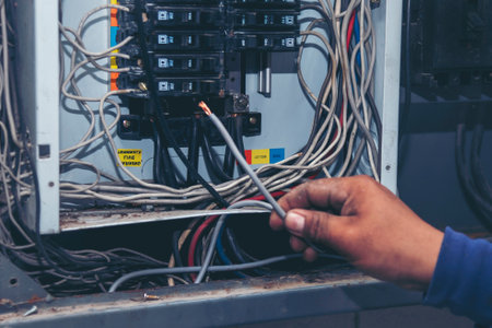 Inspector men hands working switchboard machinery maintenance service. Electrical mechanic technician check wire electric cabinet.  Electrician circuit repair voltage operation. Men hands fix breakerの写真素材