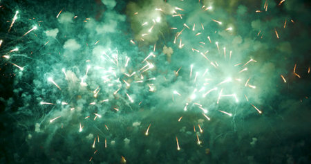 Green Firework celebrate anniversary happy new year 2024, 4th of july holiday festival. Green firework in night time celebrate national holiday. Countdown to new year 2024 festival party time eventの写真素材