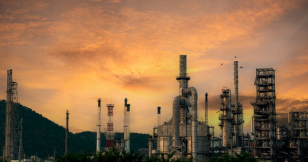 Oil refinery gas petrol plant industry with crude tank, gasoline supply and chemical factory. Petroleum barrel fuel heavy industry oil refinery manufacturing factory plant. Refinery industry conceptの写真素材
